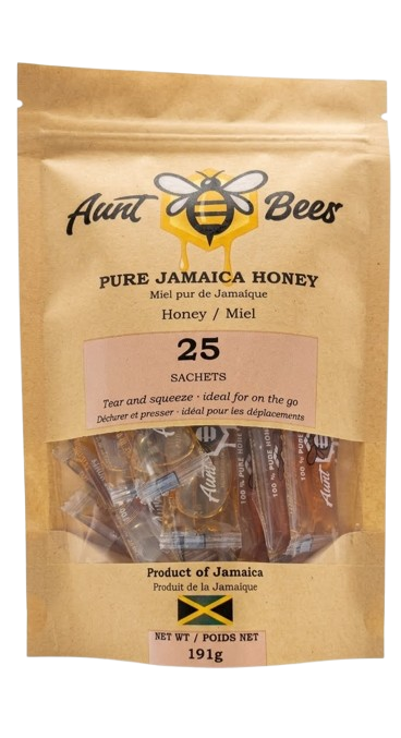 Aunt Bees Pure Jamaica Honey — 25 sachet pouch, front